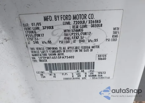 2005 Ford F-150 Fx4/Lariat/Xlt from USA, damaged, VIN 1FTPW14515FA75402